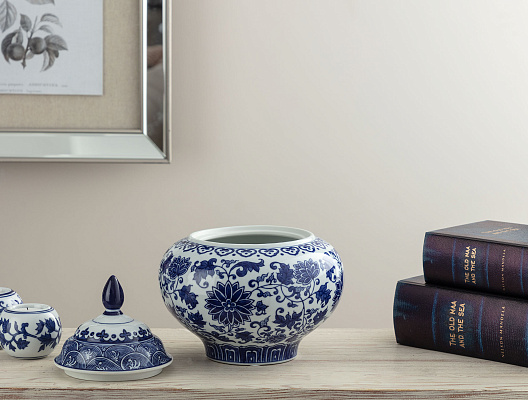 Ваза Avignon Bleu Blanc с крышкой 20x20x22,5 см. - белая / синяя