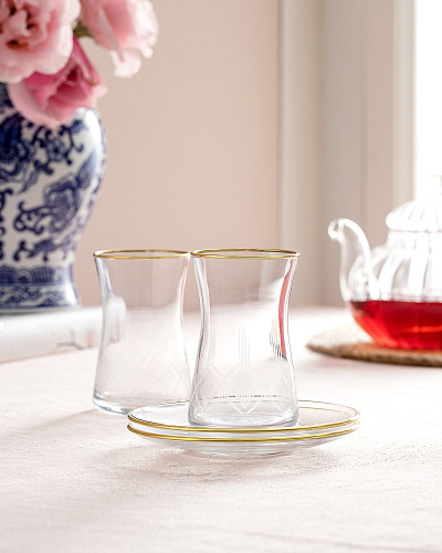 Набор стеклянных чашек и блюдец  Gemma Allure Gold из 6 шт., 170 мл