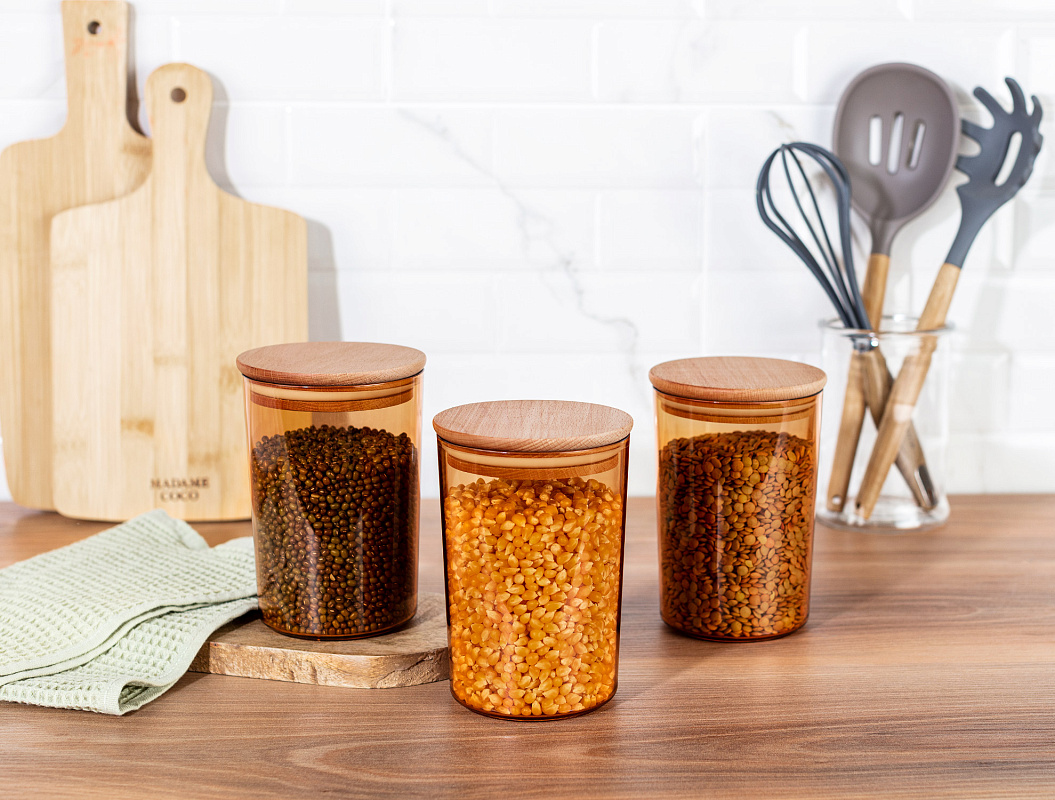 Набор контейнеров для хранения Yuviera Wooden Lid из 3 шт., 900 мл. - дерево, пластик