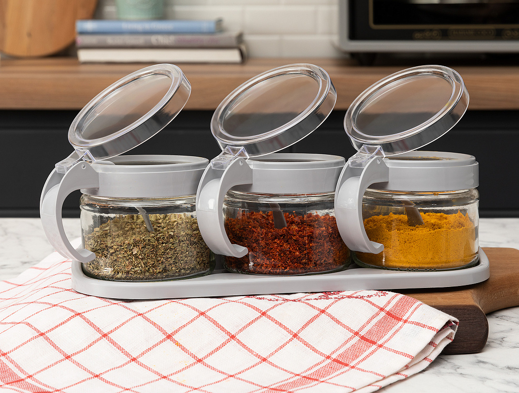 Набор емкостей для специй из 3 шт, - стекло, пластик