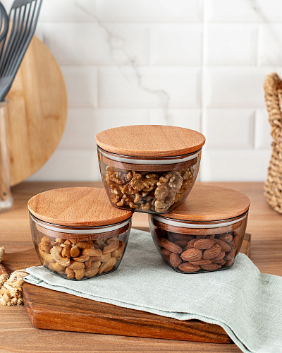 Набор контейнеров для хранения с деревянной крышкой Florian из 3 шт., 380 мл. - серый