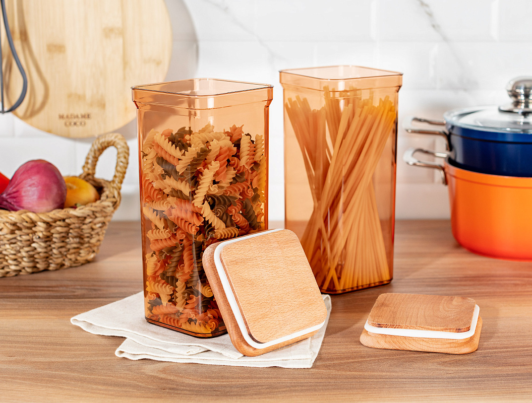 Контейнеры для хранения Kaviera Wooden Lid из 2 шт., 1500 мл. - янтарные