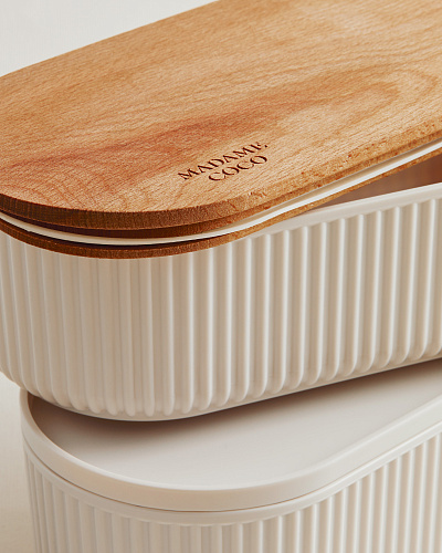 Ланчбокс Magou с деревянной крышкой, 1000 мл , из 2 шт - бело-бежевый