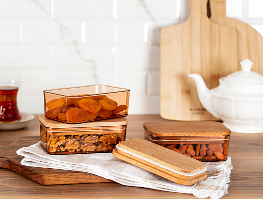 Набор контейнеров для хранения с деревянной крышкой Diviera из 3 шт., 500 мл. - янтарный