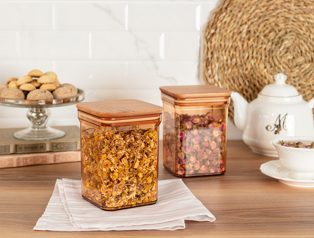 Набор контейнеров для хранения с деревянной крышкой Kaviera из 2 шт., 1000 мл. - янтарный