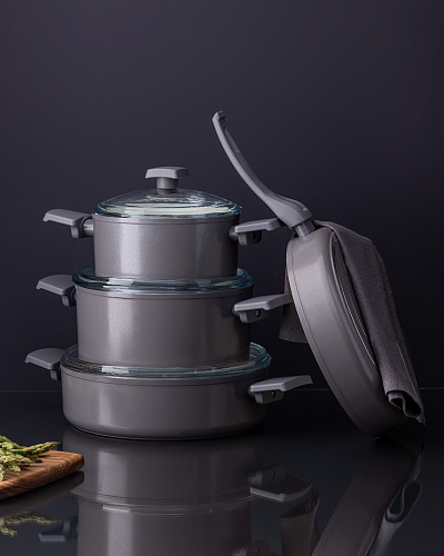Набор посуды Nano Ceramic из 7 шт., 18-22-26 см. - темно-серый / темно-фиолетовый
