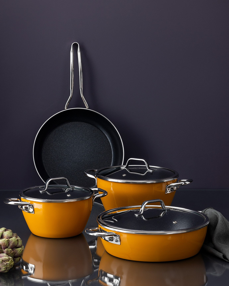 Набор посуды Titanium Enamel из 7 шт., 18-22-26 см. - оранжевый / черный