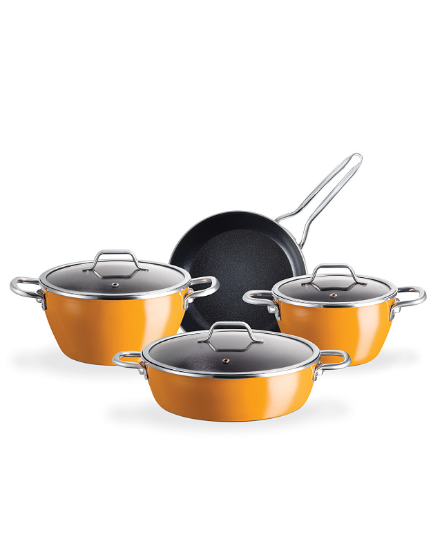 Набор посуды Titanium Enamel из 7 шт., 18-22-26 см. - оранжевый / черный