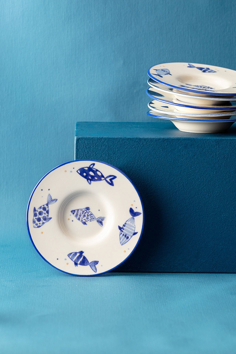 Набор фарфоровых чайных блюдец Luxe Poisson из 6 шт., 13x13 см - синий
