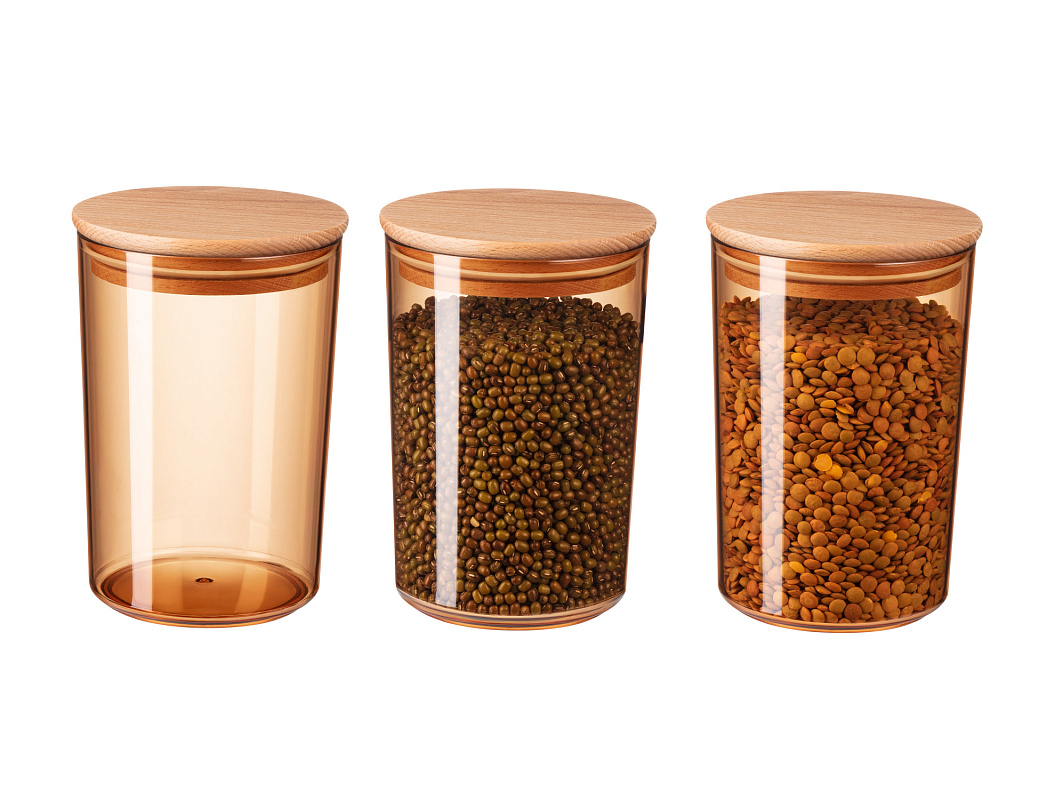Набор контейнеров для хранения Yuviera Wooden Lid из 3 шт., 900 мл. - дерево, пластик