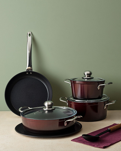 Комплект алюминиевой посуды Titanium 18см, 22см, 26см, 26см - бордовый. 7 предметов.