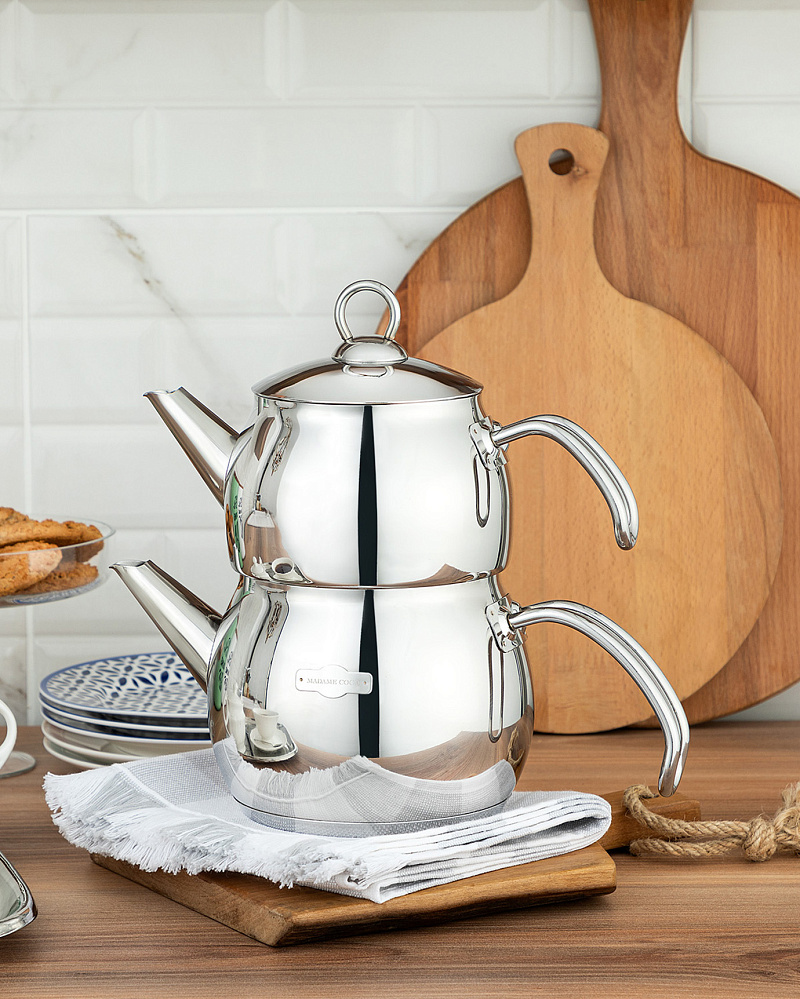 Турецкий двойной чайник Karlotte 1500+2000 мл. - серебристый