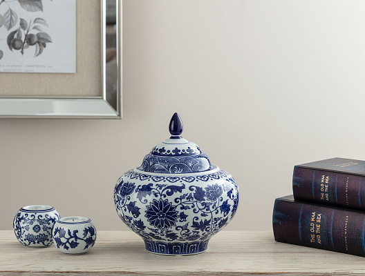 Ваза Avignon Bleu Blanc с крышкой 20x20x22,5 см. - белая / синяя