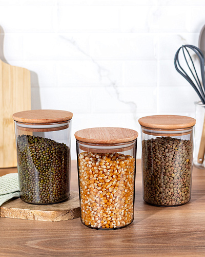 Контейнеры для хранения Yuviera Wooden Lid из 3 шт., 900 мл. - серые