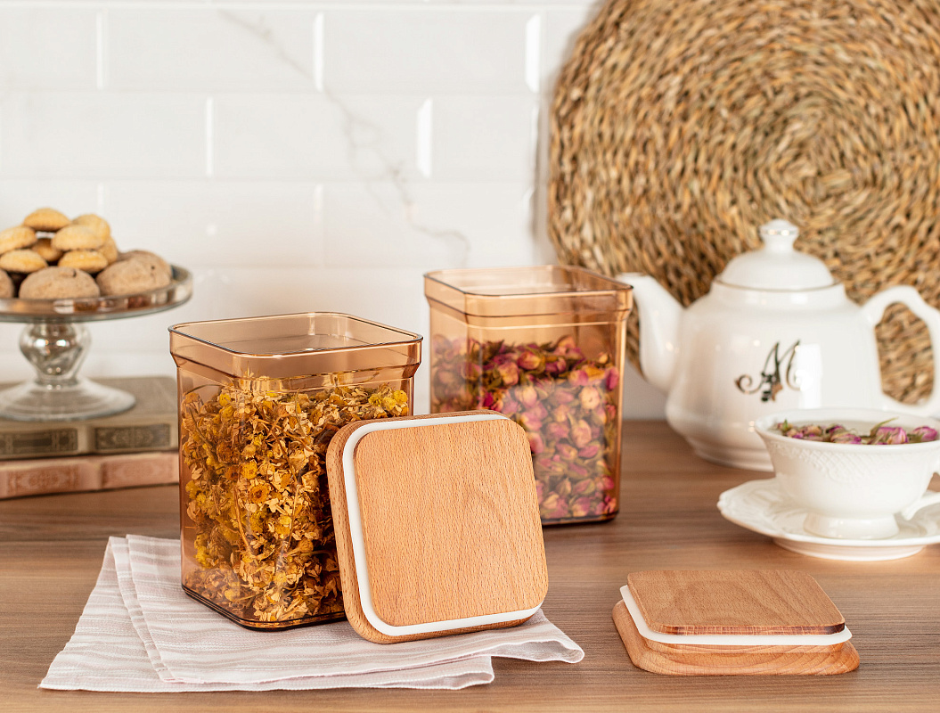 Набор контейнеров для хранения с деревянной крышкой Kaviera из 2 шт., 1000 мл. - янтарный