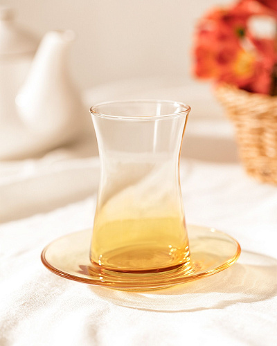 Набор стеклянных чашек и блюдец Gemma из 6 шт., 170 мл  - янтарный