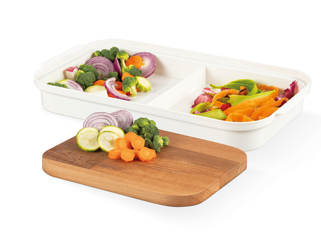 Разделочная доска с контейнером Eolya 24,5x40,2x6 см. - дерево, пластик