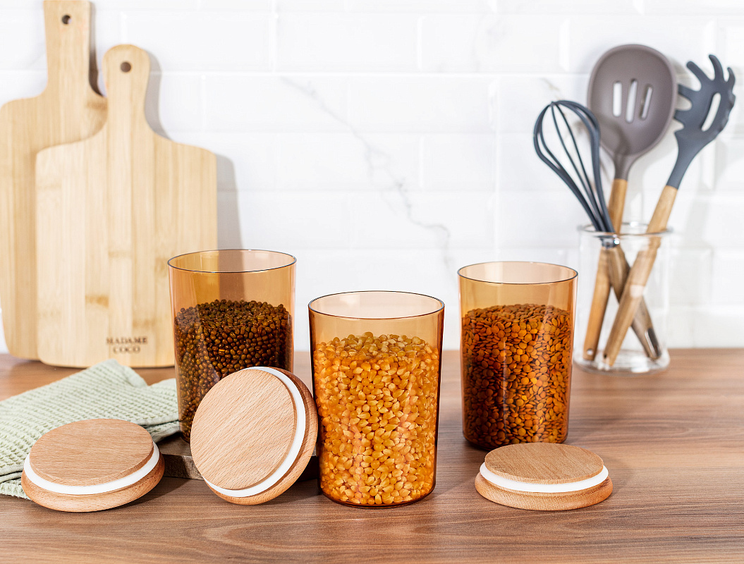 Набор контейнеров для хранения Yuviera Wooden Lid из 3 шт., 900 мл. - дерево, пластик