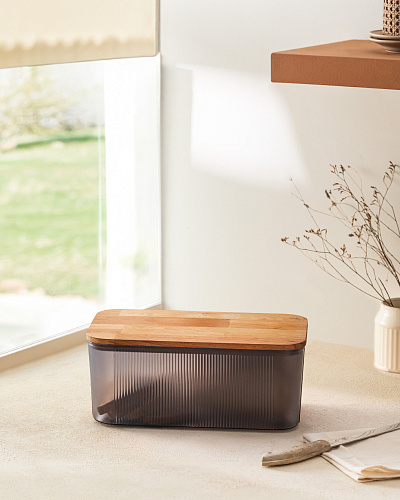 Хлебница с деревянной крышкой Eolya, 21.5x36.6x15.2 см - серая