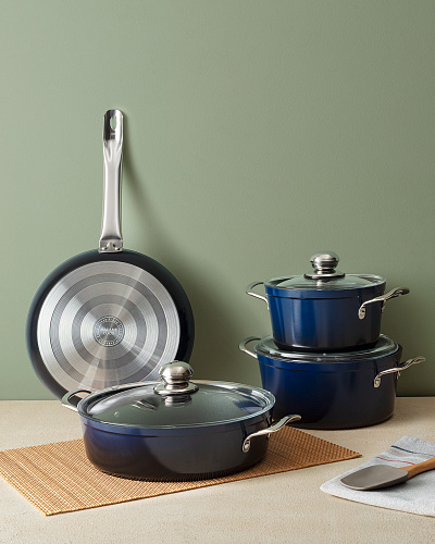 Комплект алюминиевой посуды Titanium 18см, 22см, 26см, 26см - темно синий. 7 предметов.
