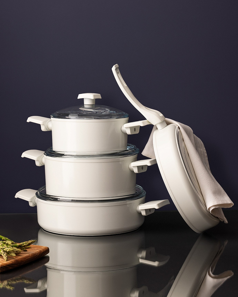 Набор посуды Nano Ceramic из 7 шт., 18-22-26 см. - Темно-серый / Белый