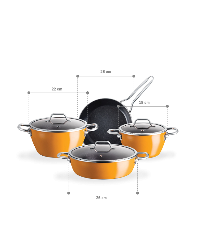 Набор посуды Titanium Enamel из 7 шт., 18-22-26 см. - оранжевый / черный