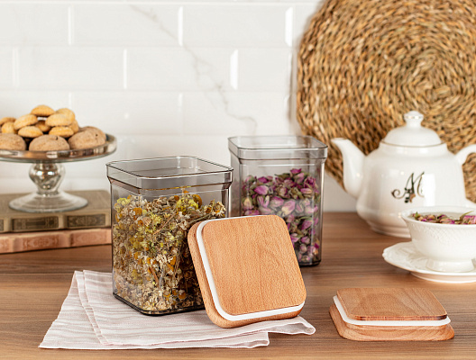 Набор контейнеров для хранения с деревянной крышкой Kaviera из 2 шт., 1000 мл. - темно-серый