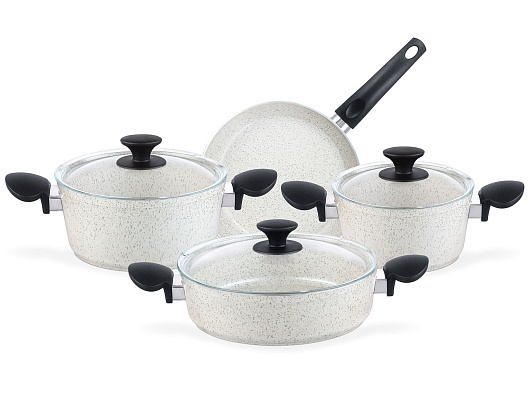 Комплект алюминиевой посуды Gordes 18см, 22см, 26см, 26см - кремовый. 7 предметов: 3 кастрюли, 3 крышки и 1 сковорода