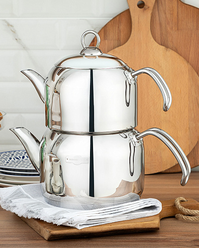 Турецкий двойной чайник Azura 1500+2000 мл. - серебристый