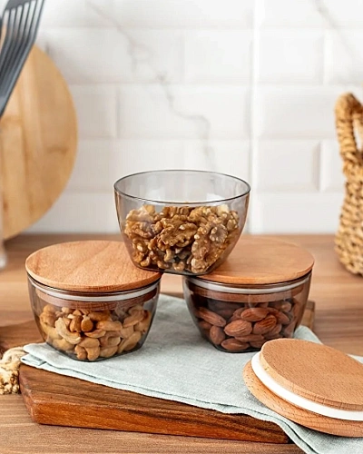 Набор контейнеров для хранения с деревянной крышкой Florian из 3 шт., 380 мл. - серый