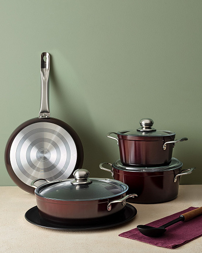Комплект алюминиевой посуды Titanium 18см, 22см, 26см, 26см - бордовый. 7 предметов.